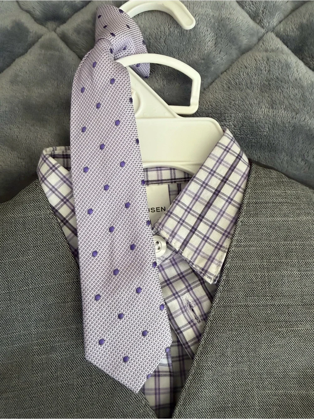 Van Heusen Lavender and White Plaid Collared Shirt with Gray Vest and Dress Pant